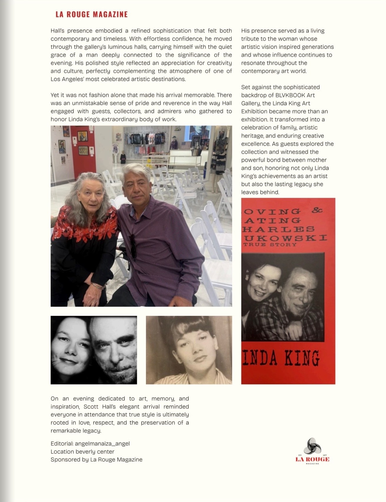 La Rouge Magazine feature page — Scott Hall with his mother Linda King at the exhibition, alongside her Bukowski Undigested book cover