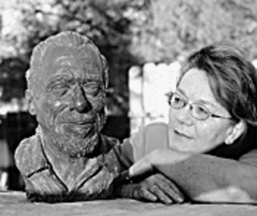 Linda King with her original Charles Bukowski sculpture