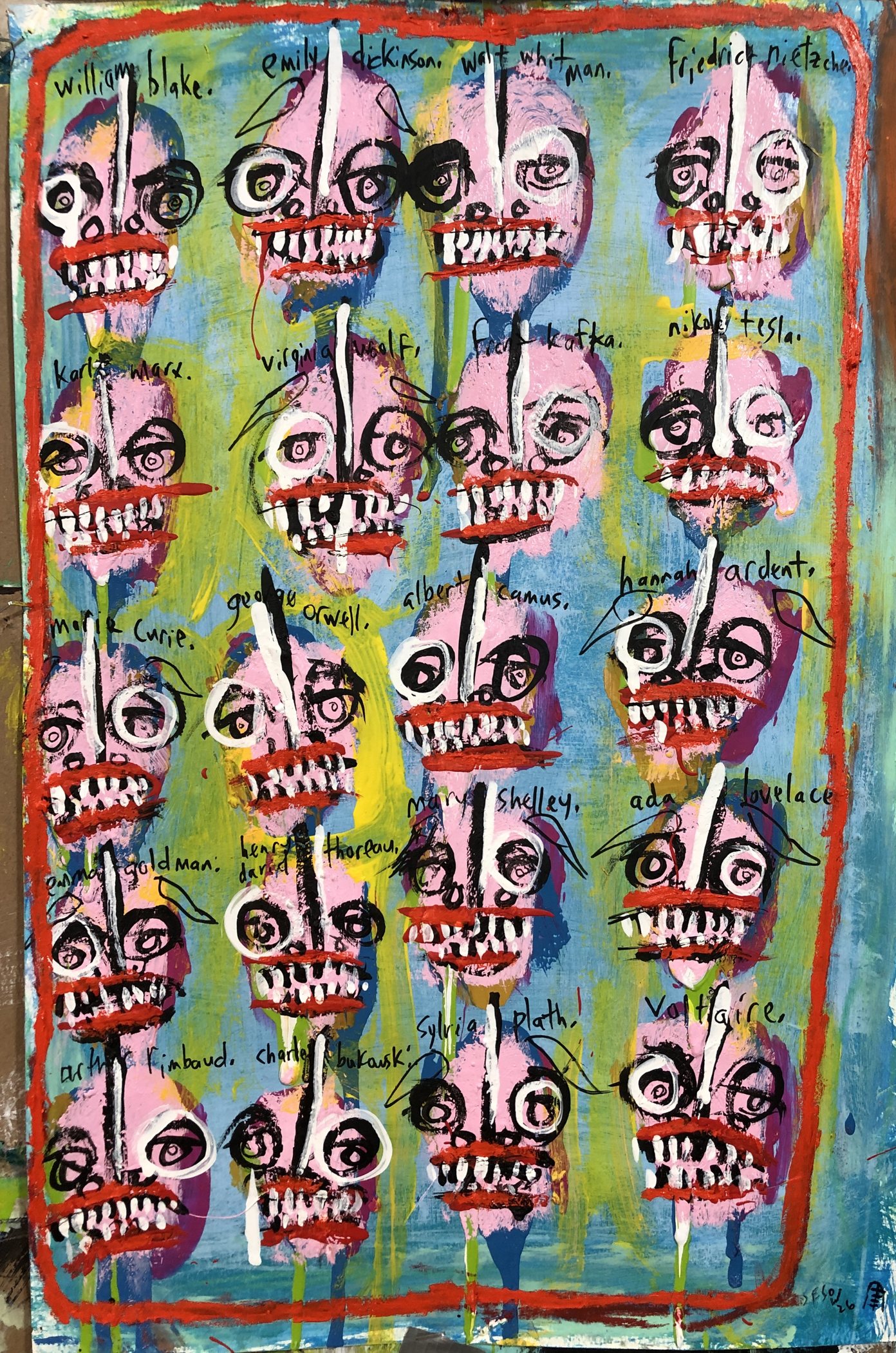 Game Changers, painting by Matt Sesow, 2026: 20 heads in a grid, each labeled in hand-lettered names