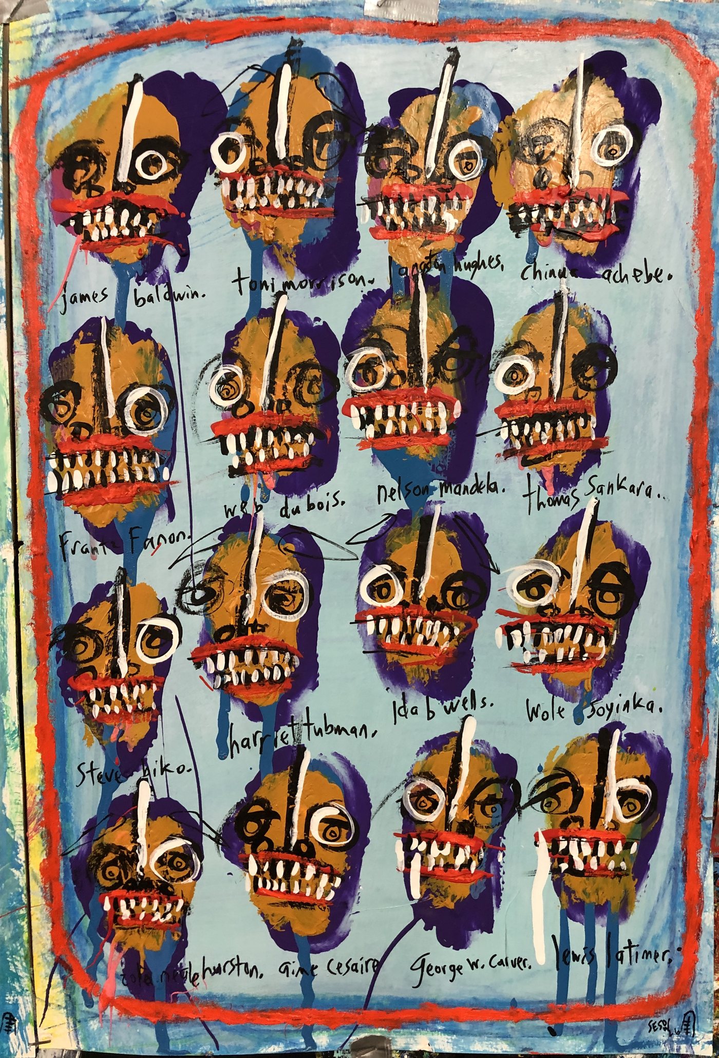 More Game Changers, painting by Matt Sesow, 2026: 16 heads in a grid, each labeled in hand-lettered names
