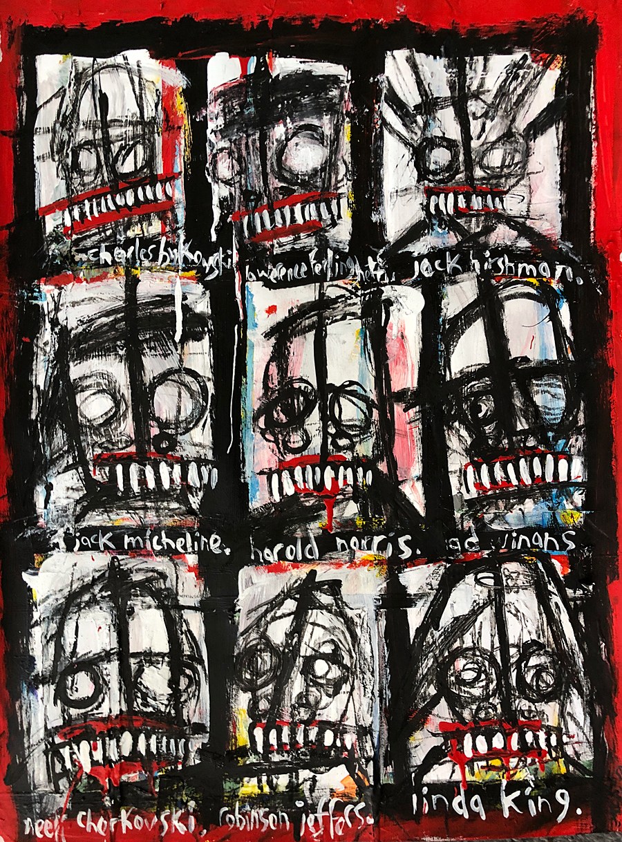 Game Changers (Poets) 1, painting by Matt Sesow, October 2026: nine grinning heads in a black grid on red, each labeled with a poet’s name