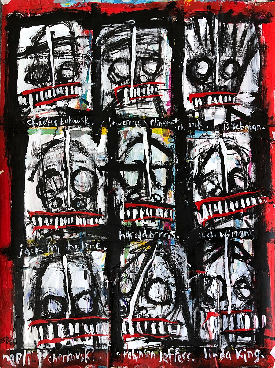 Game Changers (Poets) 2, painting by Matt Sesow, October 2026: nine grinning heads in a black grid on red, each labeled with a poet’s name